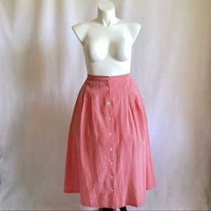 Vtg L XL Red White Gingham Full Button Midi Skirt